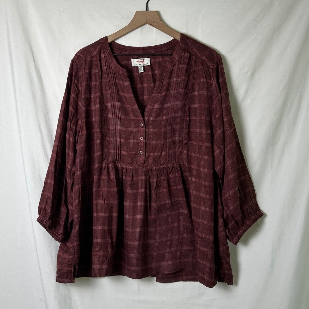 Wrangler Womens Plaid V-Neck Peasant Blouse Size XXL Burgundy Country Western